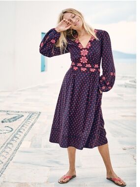 Boden Flossie Embroidered Swiss Dot Navy Midi Dress 100% Cotton Size US10 💙